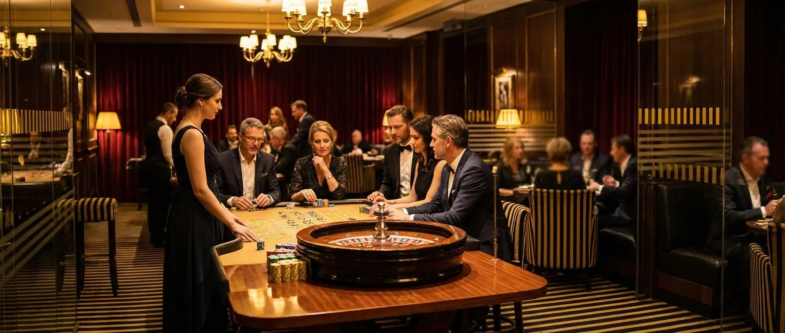 Ατμόσφαιρα βραδινού live table με ρουλέτα και κρουπιέρη