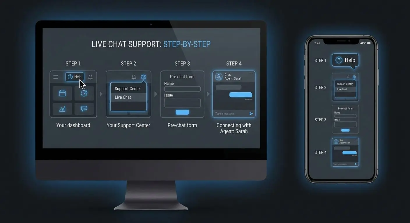 Πώς βρίσκεις το live chat βήμα-βήμα Βήματα εύρεσης live chat σε οθόνη υπολογιστή και κινητού