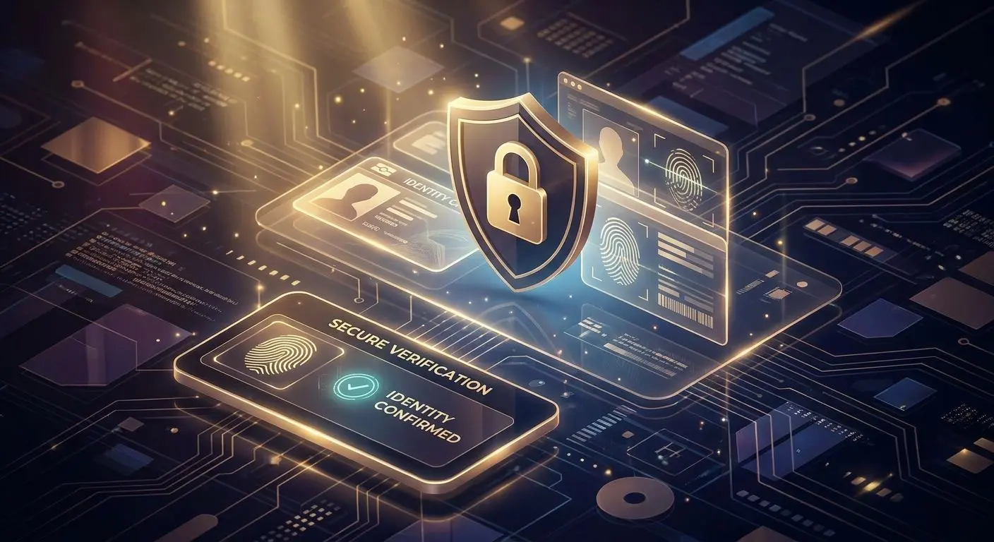 Ασφάλεια και ταυτοποίηση KYC Ασπίδα, λουκέτο και έγγραφα ταυτότητας για έλεγχο KYC