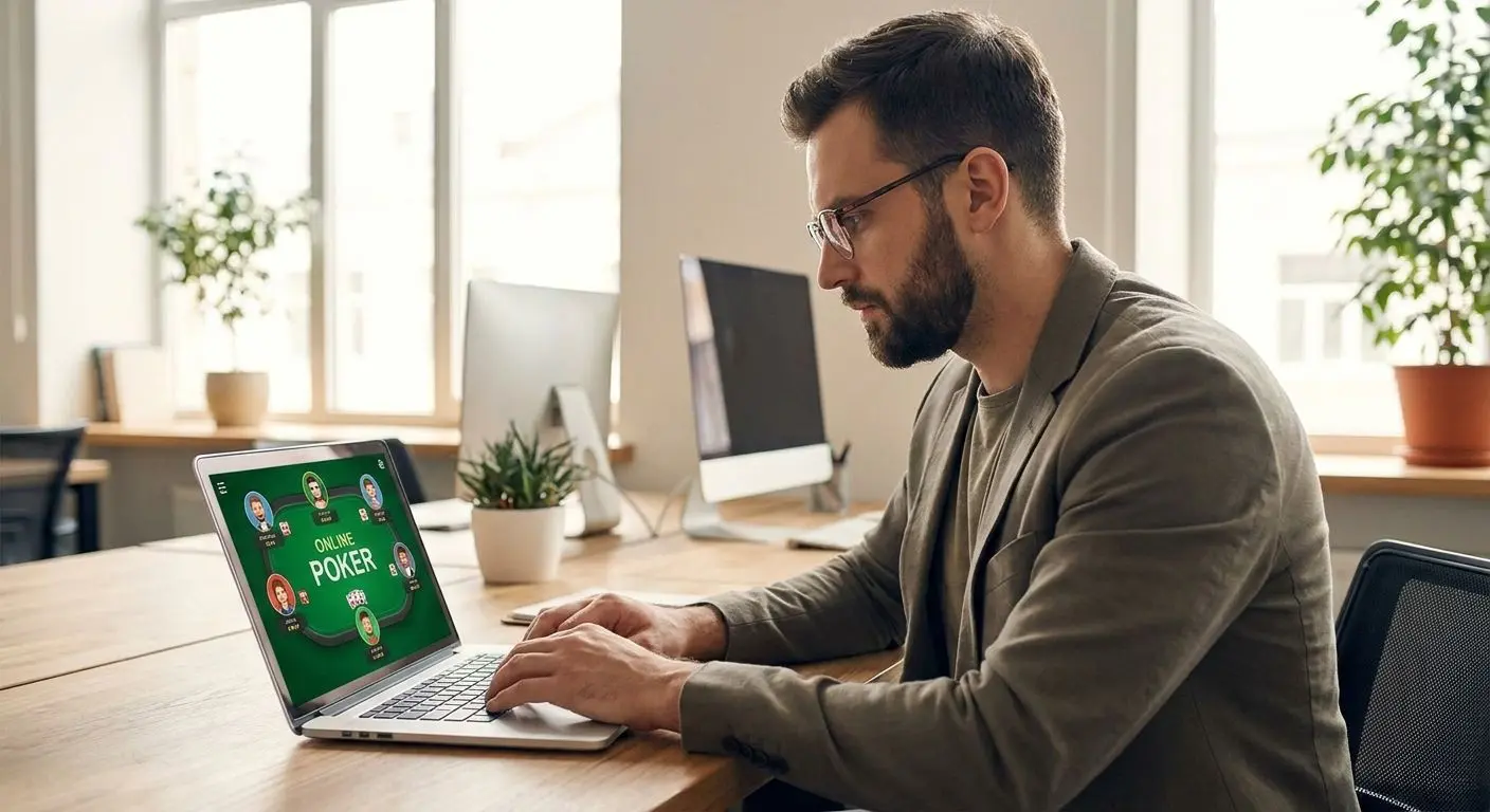 Στιλιζαρισμένος αναλυτής μπροστά σε laptop με τραπέζι πόκερ στην οθόνη