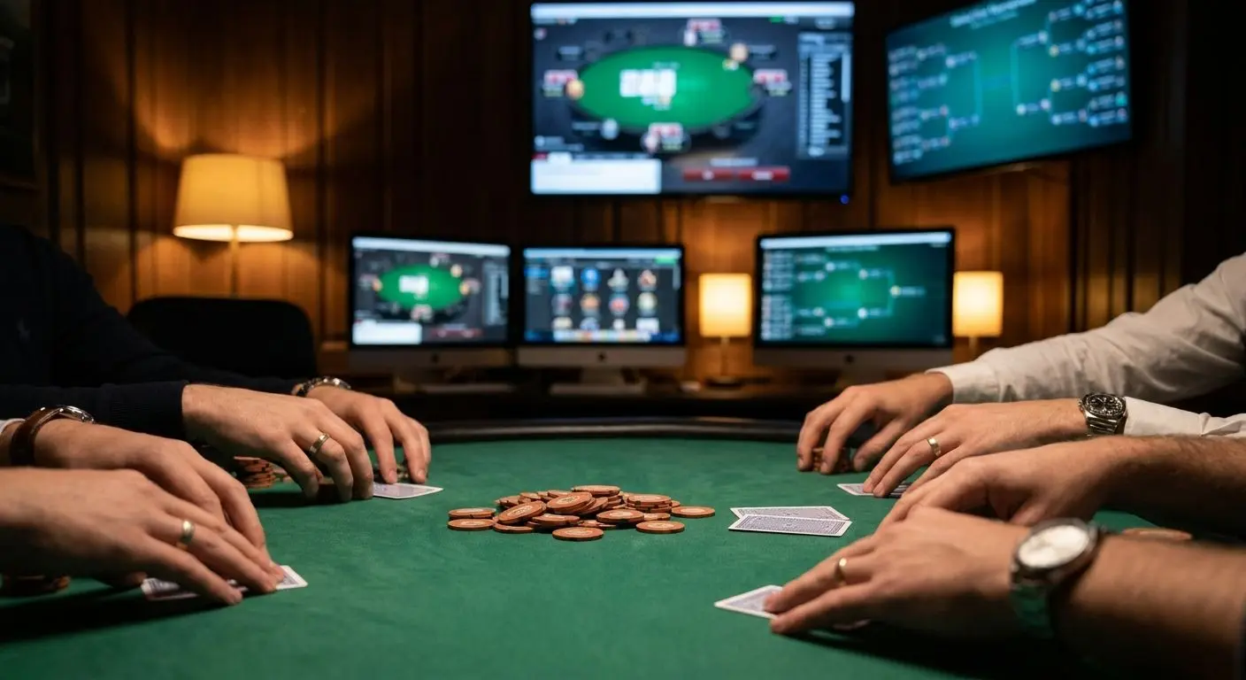 Ατμόσφαιρα τραπεζιού πόκερ με μάρκες και online λόμπι στο φόντο