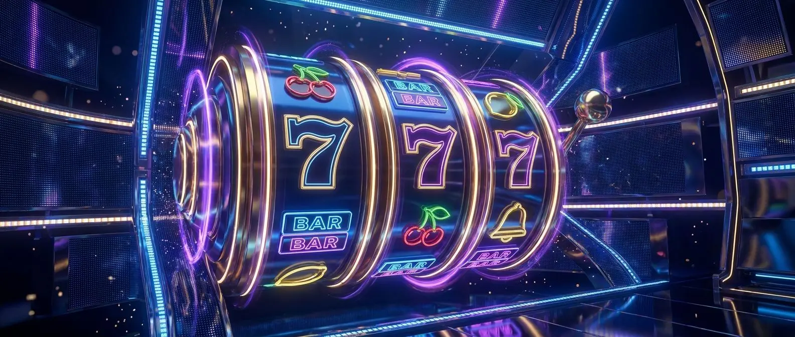 Banner με σύγχρονα reels και κλασικά σύμβολα φρουτάκια σε ψηφιακό περιβάλλον