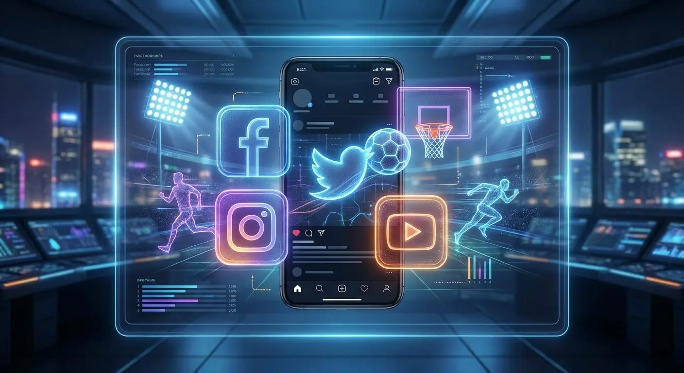 Κολάζ social media με αθλητικά στοιχεία σε digital ύφος