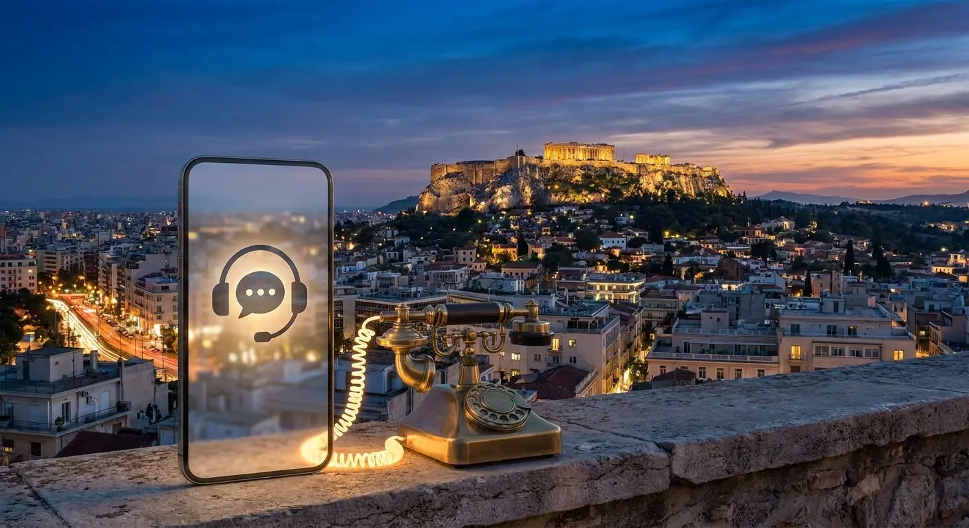 Αστικό τοπίο της Αθήνας με οπτικό θέμα τηλεφωνικής υποστήριξης
