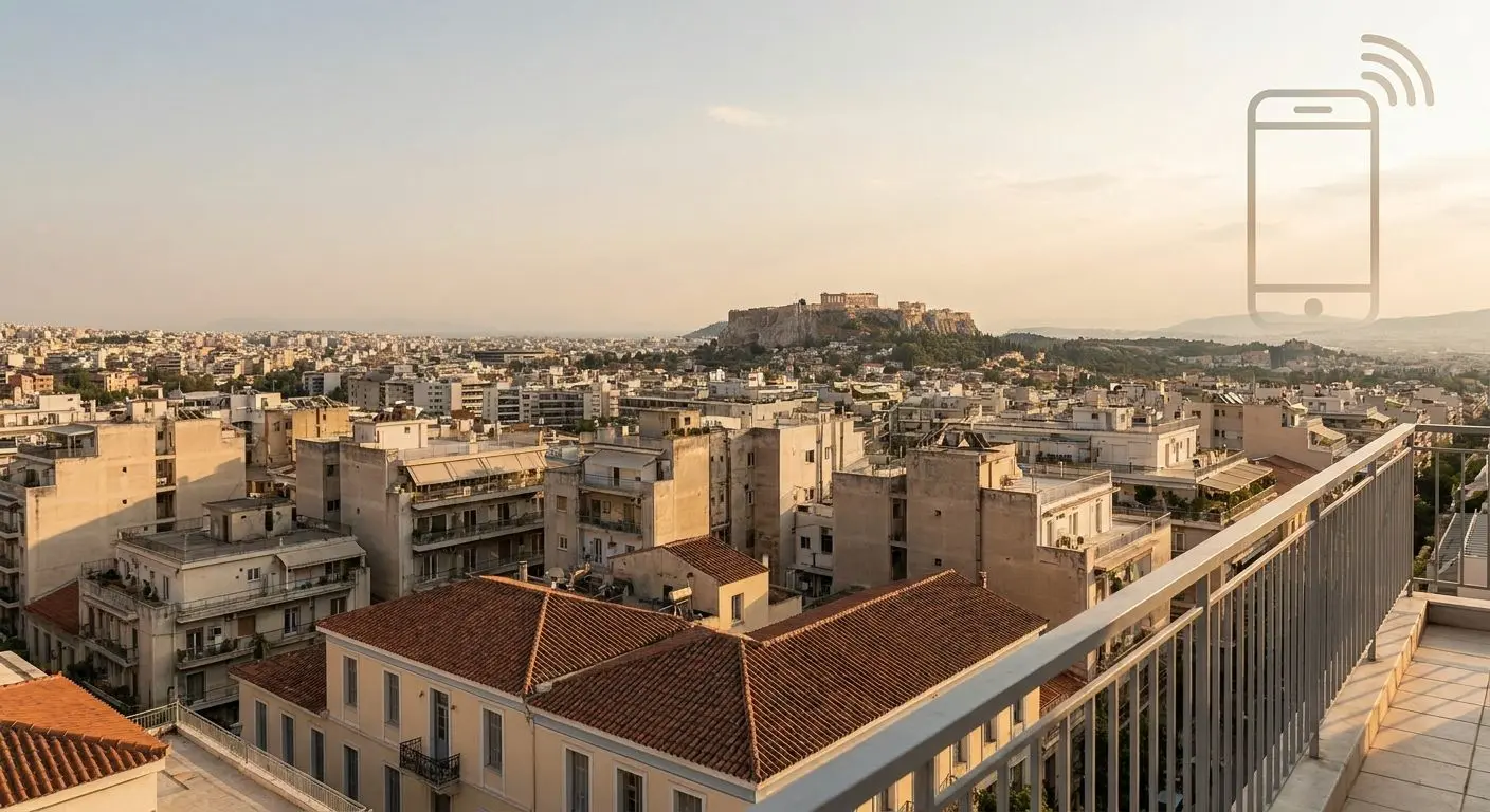 Τοπικό τηλέφωνο υποστήριξης στην Αθήνα με αστικό φόντο